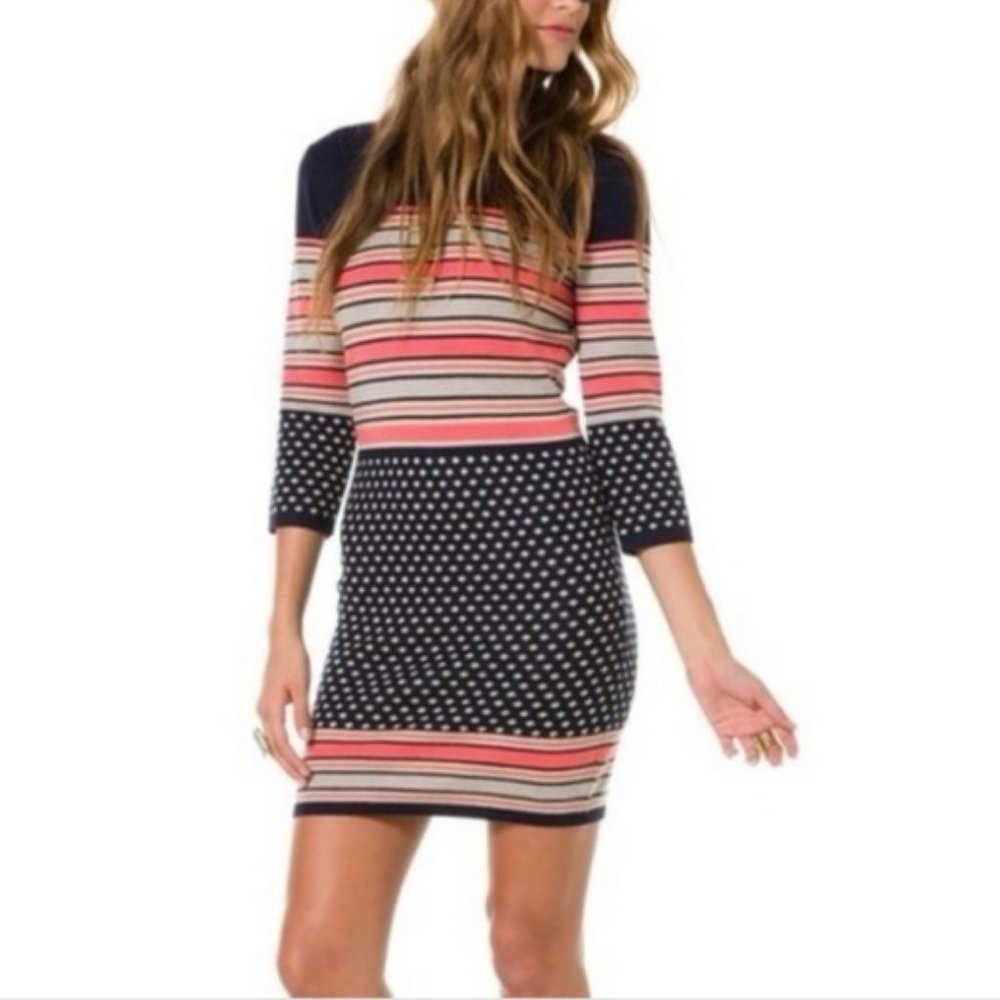 NEW THML NWT Arroyo Navy Blue Coral Pink Stripe & Dot Print Sweater Dress Sz M